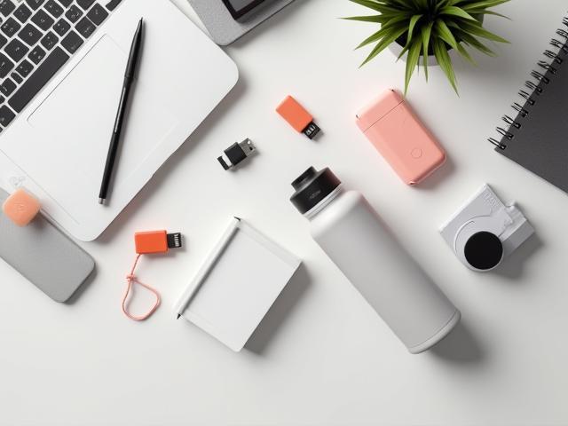 Assortimento di gadget aziendali personalizzati per fiera
