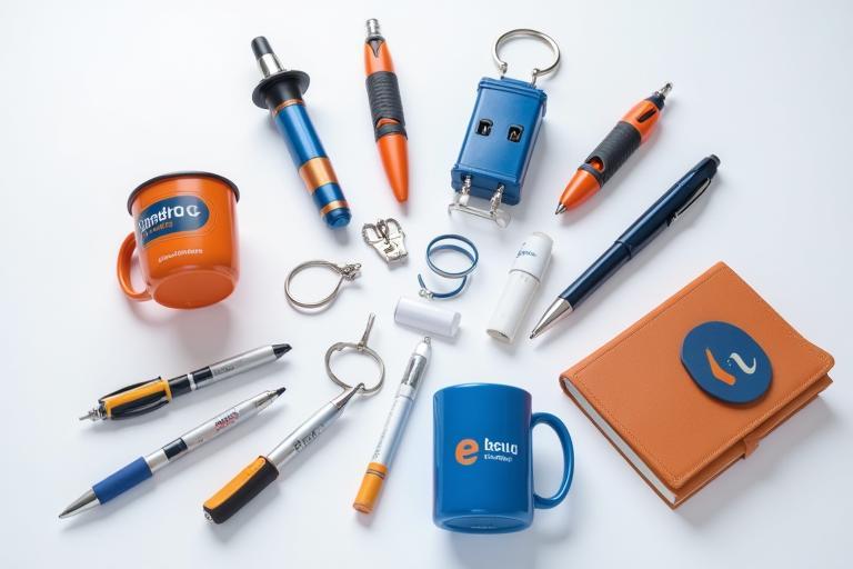 Assortimento di gadget personalizzati come penne, tazze e portachiavi con loghi aziendali.