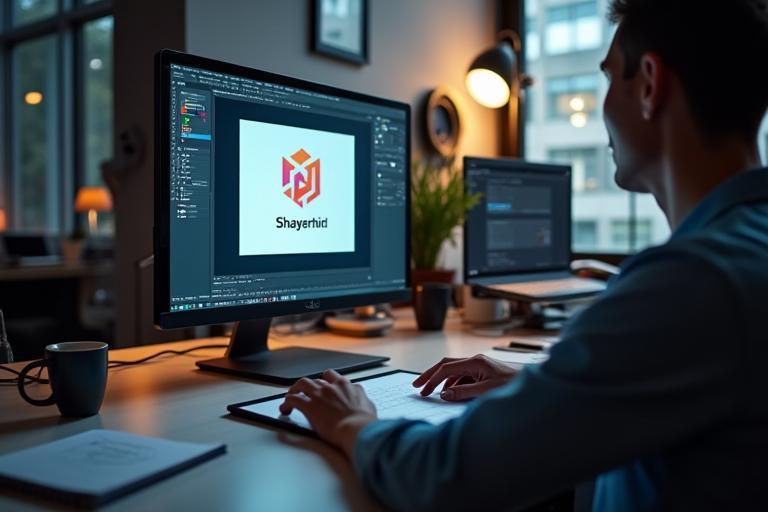 Un grafico al lavoro su un computer, mostrando software di design con un logo in fase di creazione.