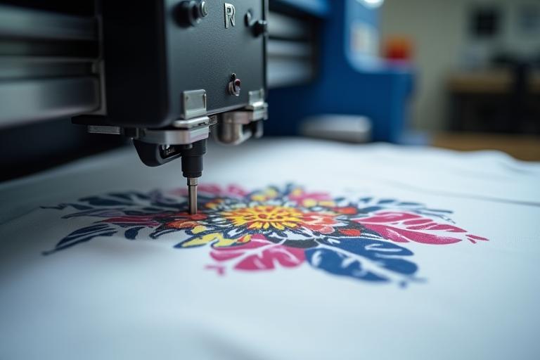 Primo piano di una t-shirt personalizzata con stampa vibrante, in lavorazione.